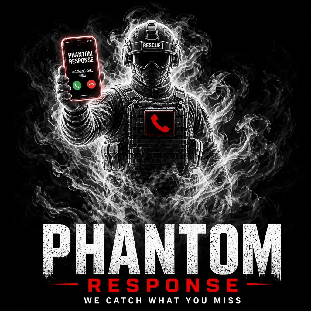Phantom Response responder holding a phone amid white smoke, with a red phone chest emblem. We catch what you miss.